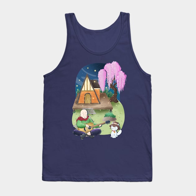 Cozy A frame cottage, man, cat, guitar at night, sakura willow tree Tank Top by Ember Moon Forest Friends